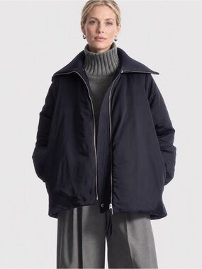 COS Navy Down Puffer Jacket Oversized Zip Ribbed High Collar Size M Scandinavian